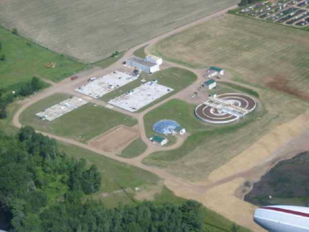 Aerial view of wastewater treatment plant.