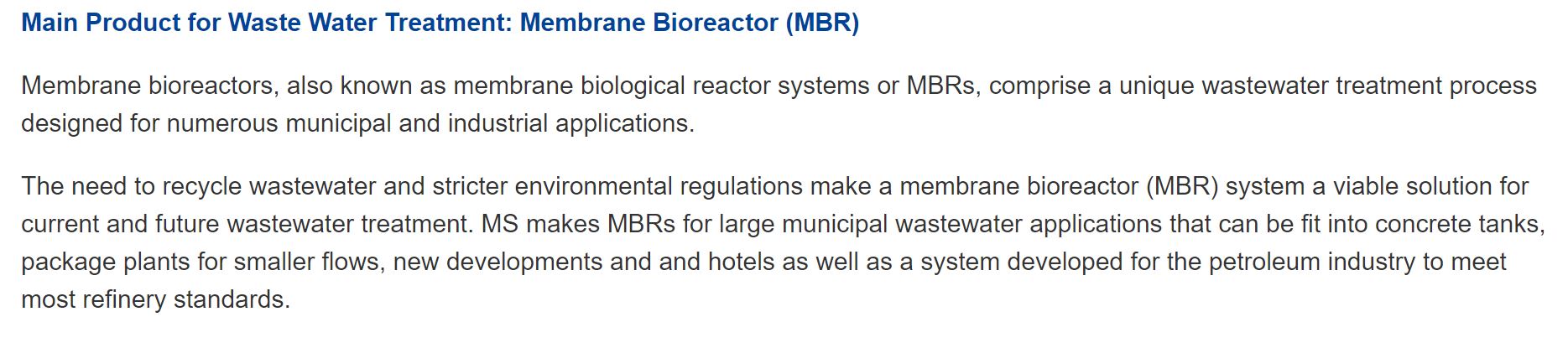 Text about membrane bioreactors for wastewater treatment.